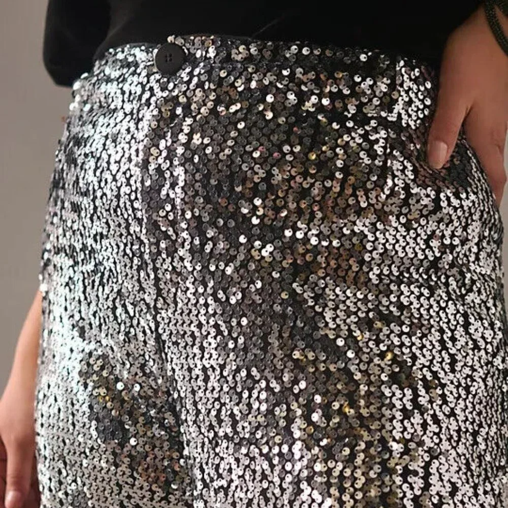 Anthropologie Silver Sequin Wide-Leg Pants - Picture 4 of 9